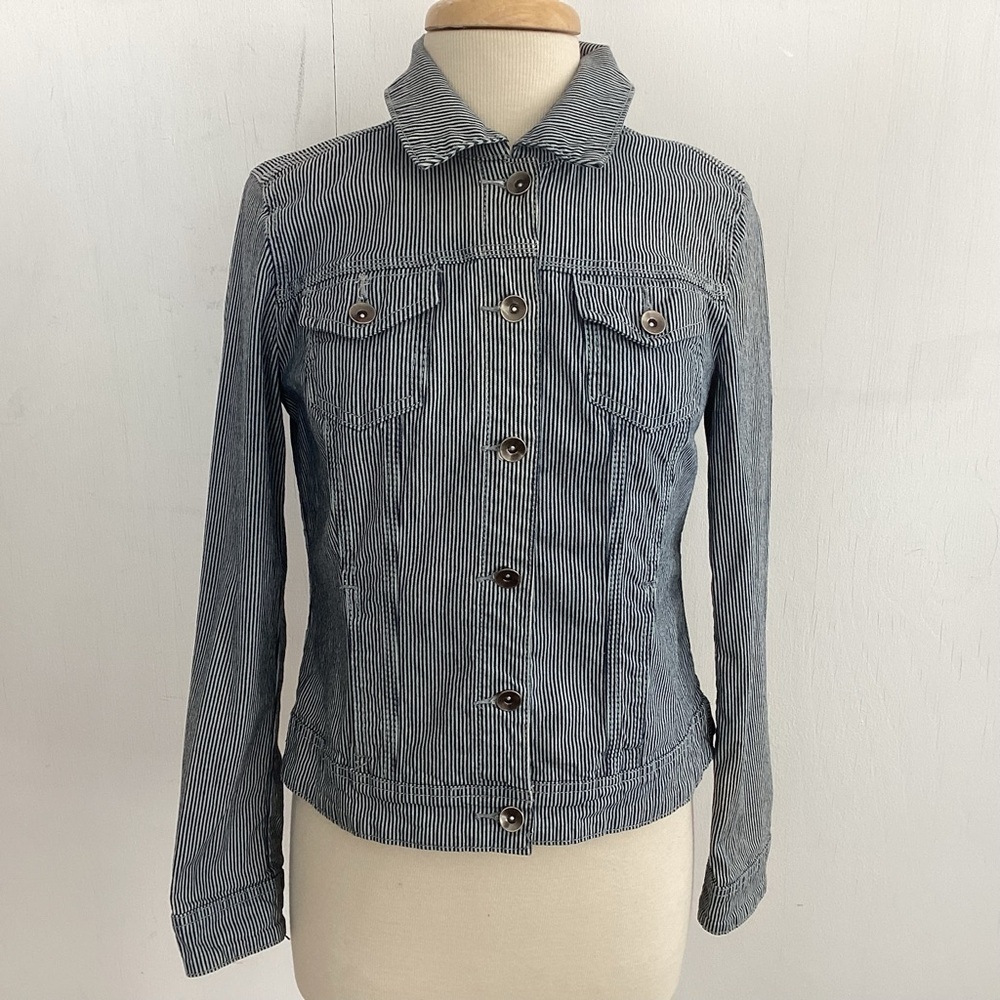 BACCINI  vintage Denim Cotton Stretch Engineer Striped JEAN JACKET size Medium